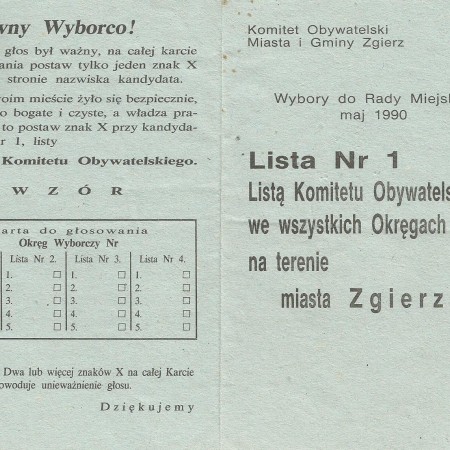 Ulotka Komitetu Obywatelskiego przed wyborami 27 maja 1990 r. (str. 1) Zbiory Muzeum Miasta Zgierza.