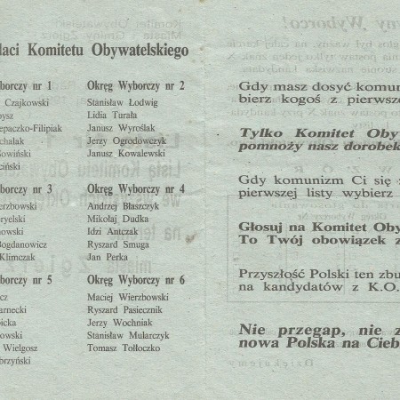 Ulotka Komitetu Obywatelskiego przed wyborami 27 maja 1990 r. (str. 2) Zbiory Muzeum Miasta Zgierza.