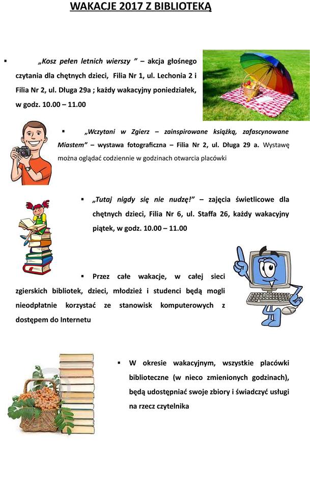 Plakat informacyjny wakacje z biblioteką Plakat informacyjny wakacje z biblioteką