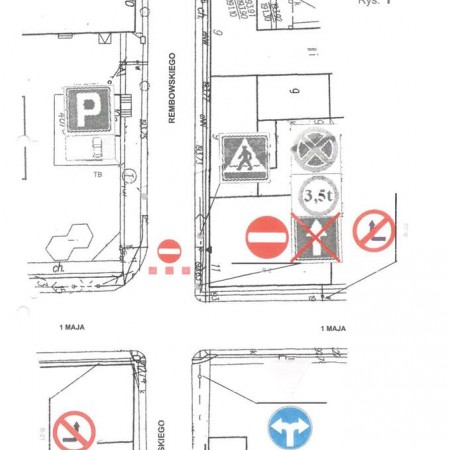 Mapka z oznaczoną zmianą organizacji ruchu ul. 1. Maja / ul. ks. Sz. Rembowskiego