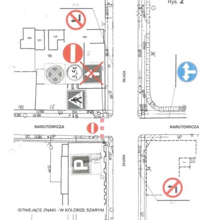 Mapka z oznaczoną zmianą organizacji ruchu ul. Długa / ul. Narutowicza