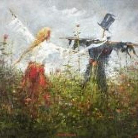obraz przedstawiający kobietę na polu wraz ze strachem na wróble