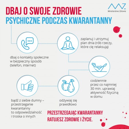 Podczas kwarantanny dbaj o swoje zdrowie psychiczne. Potrzebujesz pomocy? 800 100 102 - infolinia wsparcia dla osób w kryzysie związanym z kwarantanną lub leczeniem