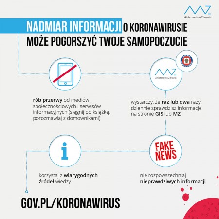 Nadmiar informacji o koronawirusie może źle wpływać na Twoje samopoczucie: rób przerwy od social mediów, sprawdzaj informacje na stronach Główny Inspektorat Sanitarny i Ministerstwo Zdrowia.