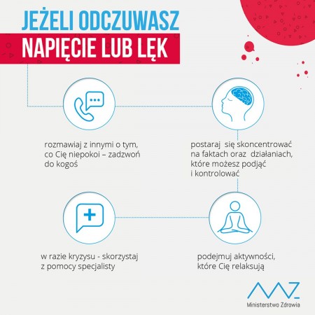 Jeżeli odczuwasz napięcie lub lęk: rozmawiaj z innymi o swoich niepokojach, ogranicz komunikaty wpływające negatywnie na Twoje samopoczucie, podejmuj aktywności, które Cię relaksują, zwróć się do specjalisty