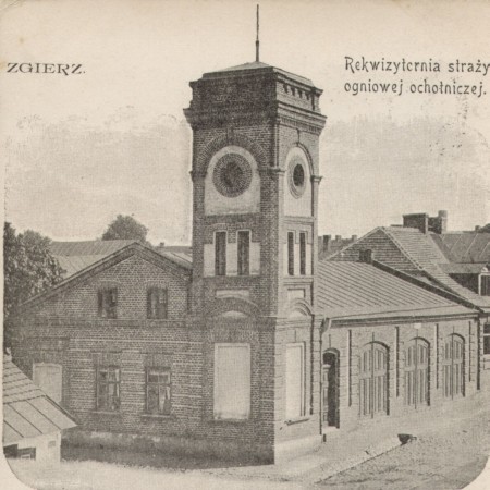 Fragment pocztówki ukazujący budynek OSP w Zgierzu, początek XX w. (ze zbiorów MMZ)