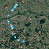 Mapka z zaznaczonymi przejazdami kolejowymi na trasie Zgierz-Kutno