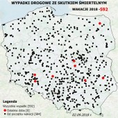 Mapa wypadków drogowych ze skutkiem śmiertelnym - Wakacje 2018